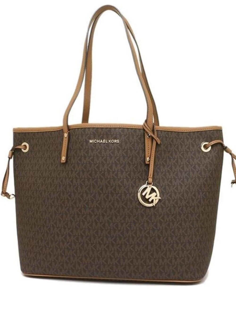 Michael Kors Dark Brown Logo Tote with Tan Trim and Gold Charm